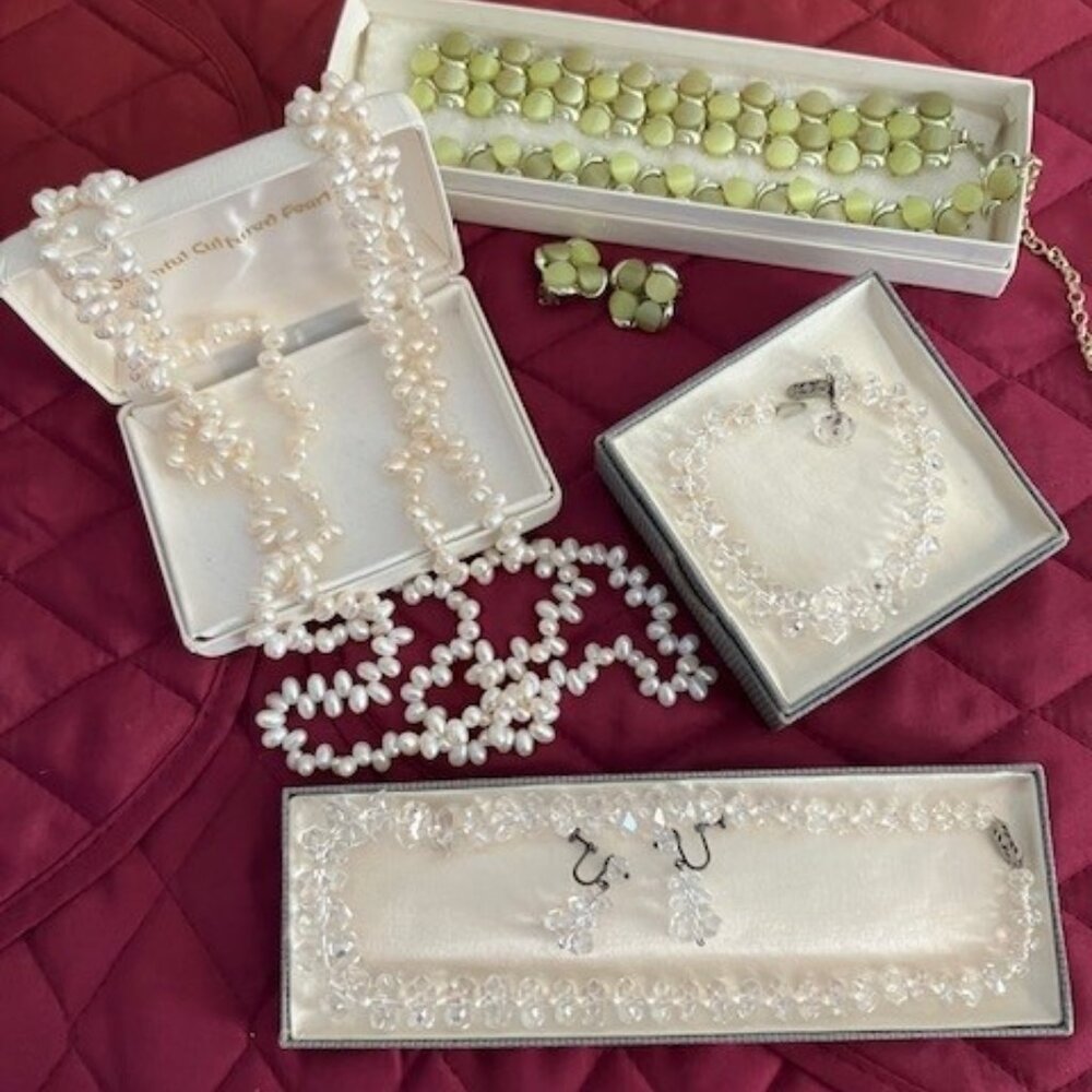 Vintage Green & Gold Jewelry Set, Sparkly Crystal Set & Fresh Water Pearls Lot